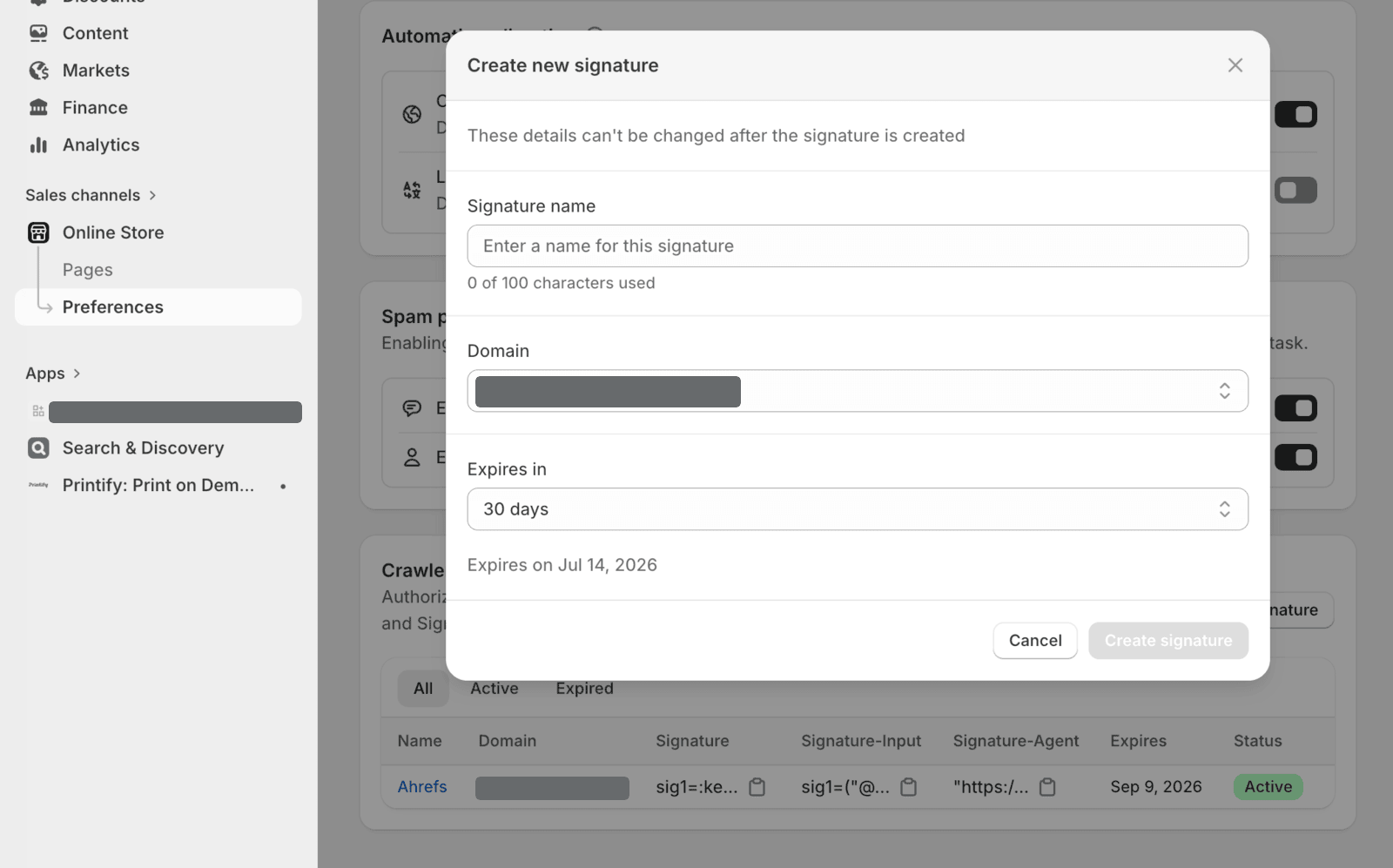 Shopify crawler authorization screen under Online Store, Preferences, creating a Web Bot Auth signature with an authorized Ahrefs crawler already listed as active