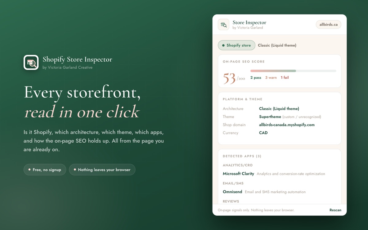 The Shopify Store Inspector popup showing a store's on-page SEO score, platform and theme, and detected apps